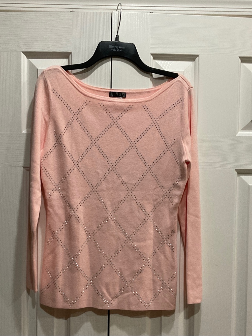 Aldo Light Pink Boatneck Long Sleeve Sweater with Studded Diamond Detail
